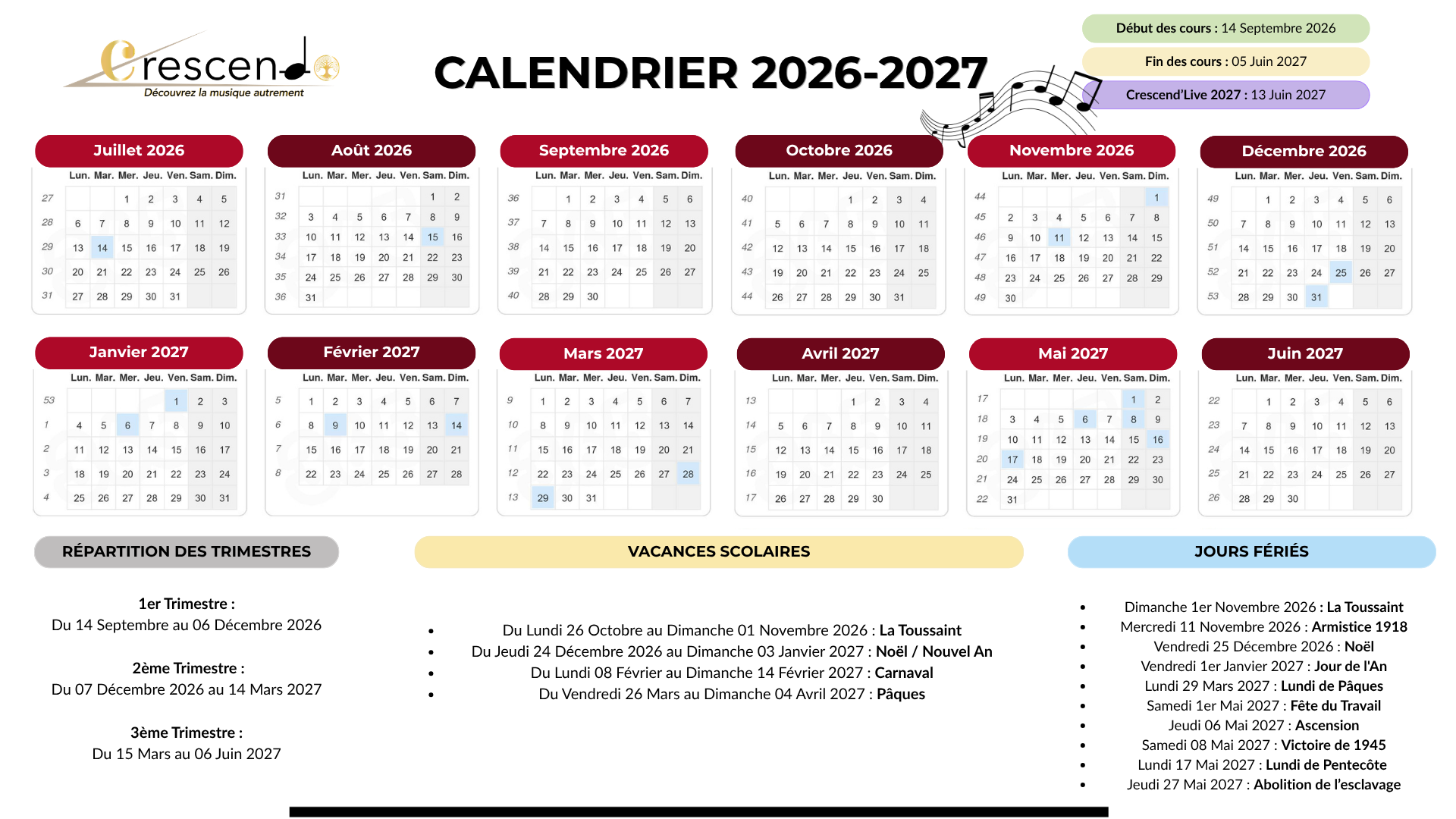 Calendrier CRESCENDO 2026-2027